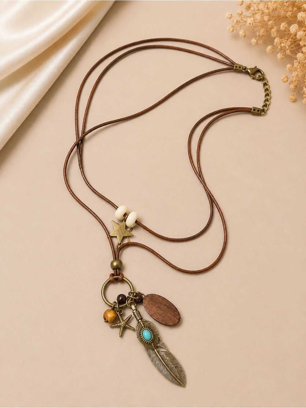Bohemian Brown Leather Multi-Strand Necklace with Turquoise Feather Charm